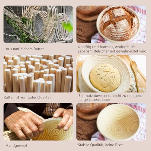Set of 2 Proofing Baskets, Proofing Basket, Bread Set, Round and Oval Proofing Basket for Bread Baking Set, Bread Basket with Bread Knife with Five Blades, Washable Linen Insert, for Professional and Domestic Bakers