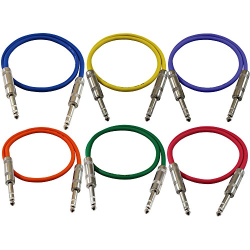 GLS Audio 2ft Patch Cable Cords - 1/4" TRS to 1/4" TRS Color Cables - 2' Balanced Snake Cord - 6 Pack
