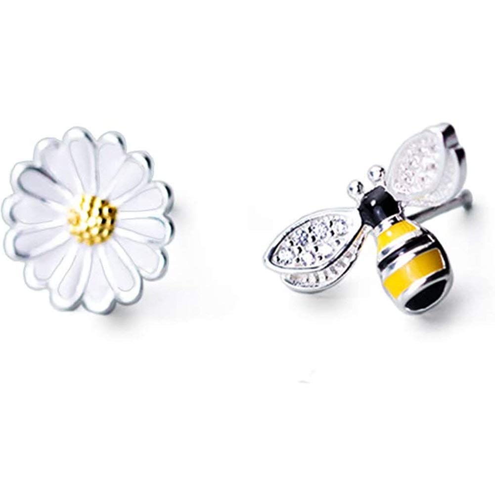 Honey Bee and Dasiy Flower Stud Earrings Sterling Silver Irregular Sweet Earring Studs Ear Piercing Personality for Women Teen Girls