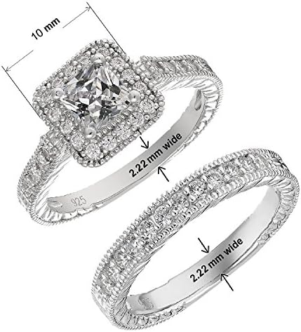 Panghoo Platinum-Plated Sterling Silver Elegant CZ Diamond Engagement Wedding Ring Set (9)