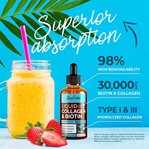 Liquid Collagen & Biotin Drops 30,000mcg - Made in USA - Natural Biotin and Collagen Supplements for Joint, Nail, Skin Health & Fast Hair Growth - Liquid Biotin 5,000mcg, Collagen Liquid 25,000mcg