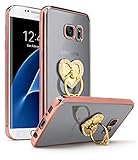 Samsung Galaxy S7 Edge Case, Bastex Slim Fit Clear Plastic TPU Rose Gold Bumper Case Cover with Bling Heart Pink Ring Holder Kickstand for Samsung Galaxy S7 Edge G936
