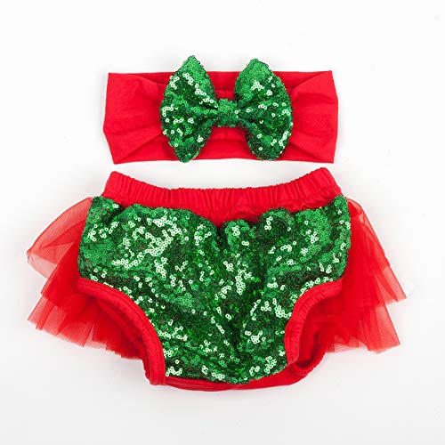 Slowera Baby Girls 2PCS Sets Cotton Tulle Sequins Diaper Cover Bloomers and Headband (Red Green, S: 0-6 Months)