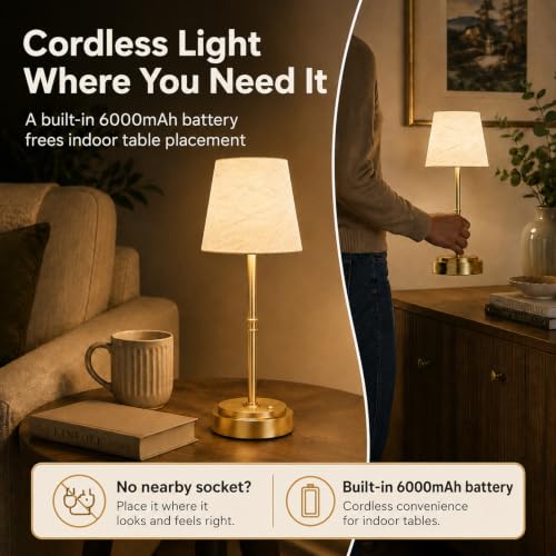 Rechargeable Table Lamp, 6000mAh Cordless Bedside Lamp, Gold, 3000K | Moves From Bedside to Side Table, 12-36H Runtime, 5%-100% Touch Dimming, Soft Linen Glow, 40.6 cm High