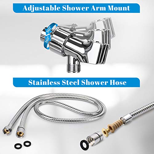 High Pressure Shower Head with Handheld, 6-Setting Square Shower Head, Detachable Shower Head with Adjustable Holder and Stainless hose, Powerful Spray Handheld Shower Heads, 2 Bonus Shower Hooks