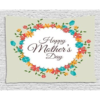 Lunarable Mothers Day Tapestry, Spring Revival Theme Colorful Wreath Hand Written Happy Mothers Day Message, Wide Wall Hanging for Bedroom Living Room Dorm, 60