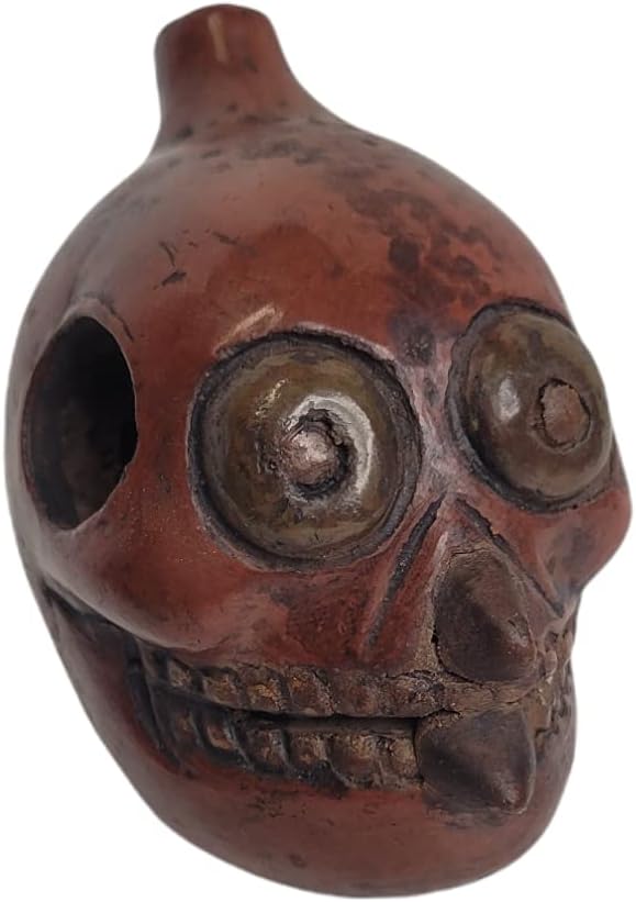 Mixed Media - Spooky Eyed Medium Size Death Whistle, Loud, Handmade Clay Aztec Replica, Death Whistle (Red)