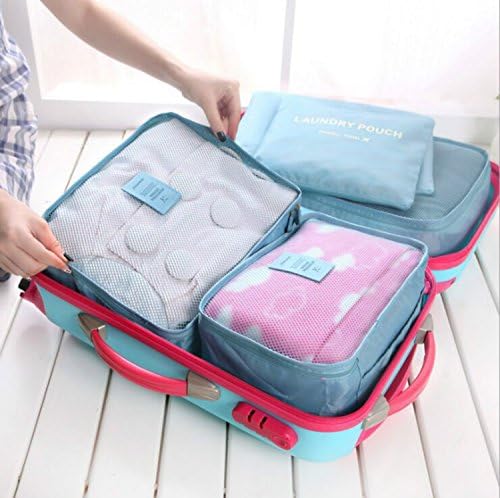6pc Waterproof Travel Luggage Organizer Storage bag Durable Packing Compression Pouches 3 Travel Cubes + 3 Pouches (Sky Blue)
