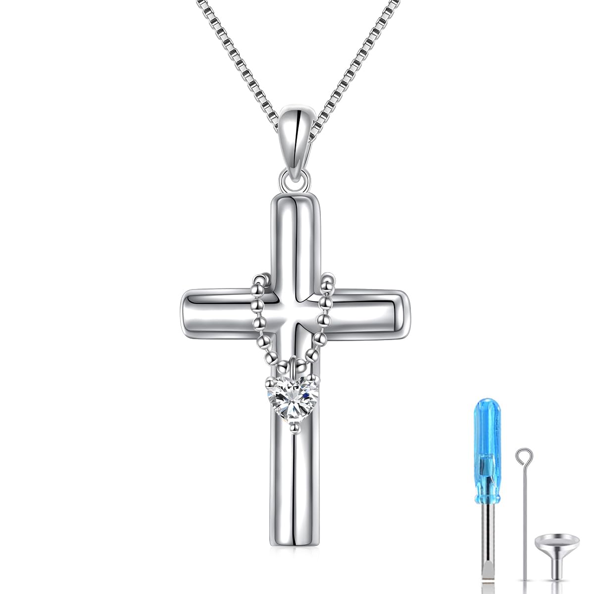 DAOCHONG S925 Sterling Silver Cross Urn Necklace for Ashes Bead Chain Heart CZ Memorial Cremation Keepsake Cylinder Easter Jewelry for Women…