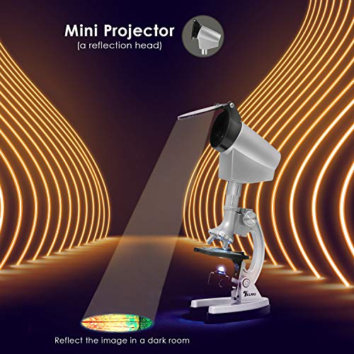 TELMU Microscope 300X-600X-1200X 70pcs+ Accessory Microscope Kit for Beginner with Mini Projector & Metal and Rubber Base