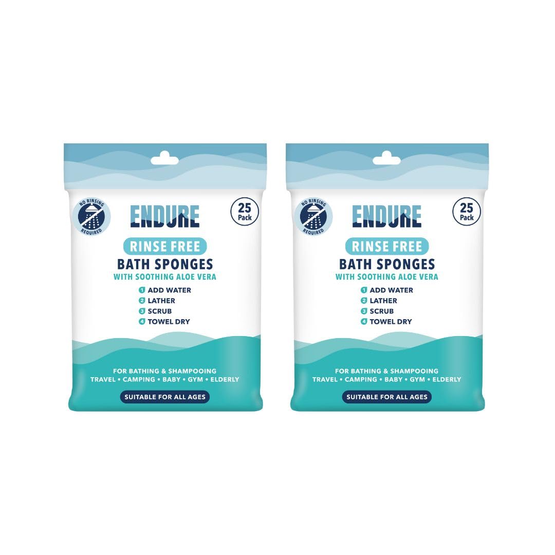 Endure Rinse Free Bath Shower Sponge - Body Wash Wipes for Bathing - Perfect for Camping, Festivals, Gym & Travel - Dry Wipes with Gentle Cleansing Soap. Just add Water. Twin Pack (25 Per Pack)