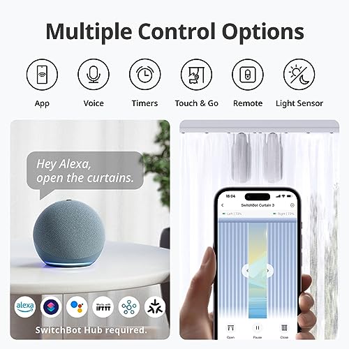SwitchBot Smart Automatic Curtain Opener - Bluetooth Remote Control with App/Timer, Upgraded Performance Motor, Add SwitchBot Hub to Make it Work with Alexa, Google Home, HomeKit(Curtain 3, U Rail)