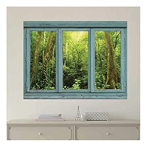 Vintage Teal Window Looking Out Into a Green Jungle - Wall Mural, Removable Sticker, Home Decor - 24x32 inches