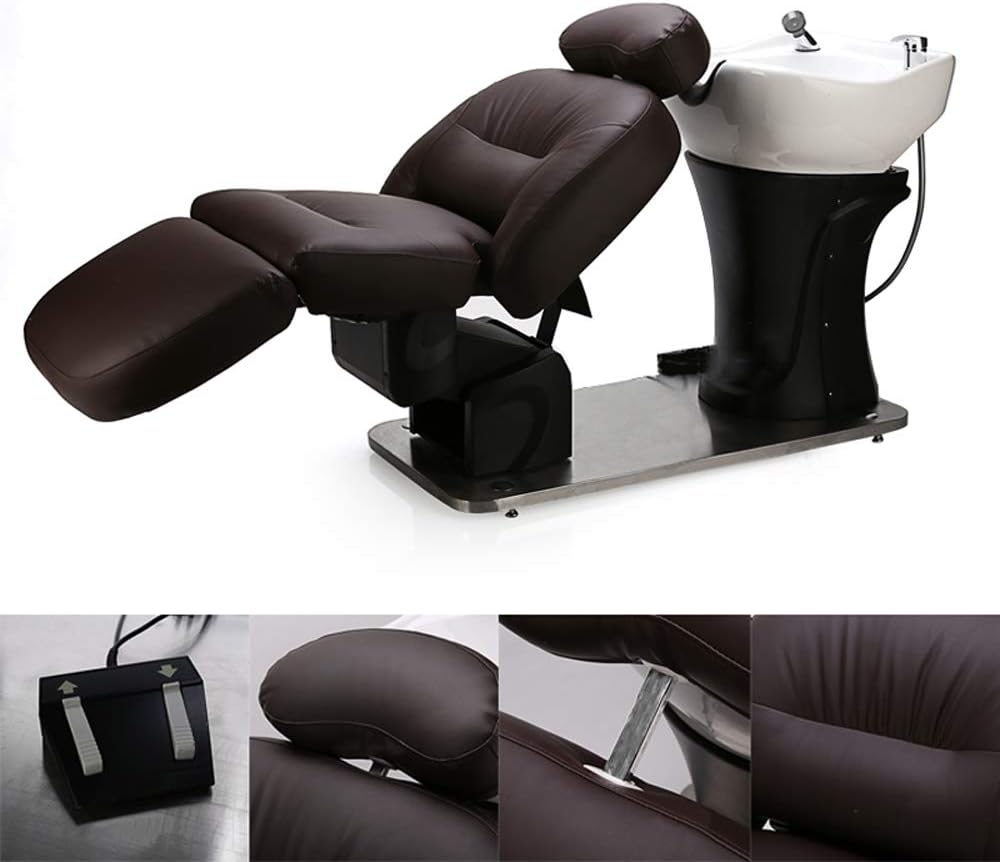 Backwash Barber Chair with Ceramic Basin Adjustable Footrest Angle, Backrest Angle, Whole Bed Height Salon Furniture