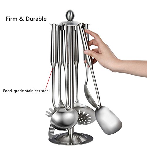 HaloVa Kitchen Utensil Set, Versatile Nonstick Food Grade Stainless Steel Cooking Utensils Set with Long Handle and Hanging Rack, Includes Ladles, Pasta Server, Spatula, Strainer, Slotted Turner