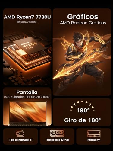 KAIGERR Laptop Gamer Ryzen 7 7730U (8C/16T, hasta 4.5GHz), 16GB RAM 512GB NVMe SSD Laptops, 15.6" FHD, Win 11 Pro, Teclado Físico en Español, Radeon RX Vega 8, Wi-Fi 6