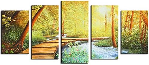 Sunrise Art -Sunny Forest and the Bridge the Woods Canvas Prints Wall Art Stretched and Framed Canvas Print for Home Decoration set of 5