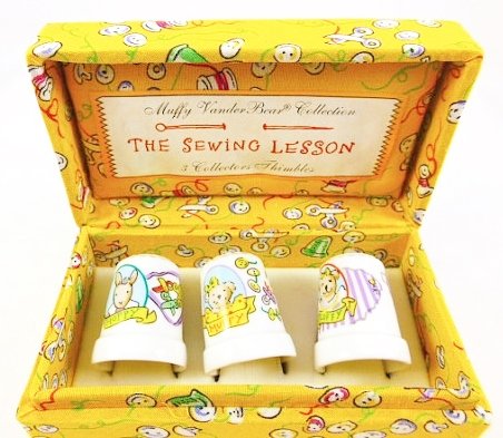 THE MUFFY VANDERBEAR COLLECTION ~ "The Sewing Lesson" box of 3 thimbles