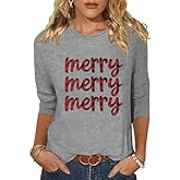 3/4 Sleeve Christmas Shirt for Women Merry Believe Lights Tree Graphic Festival Shirt Vacation Trendy Tops