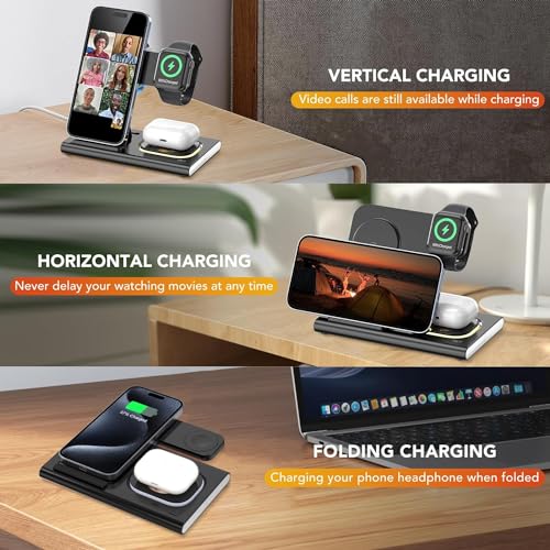 Aimtel 3 in 1 Foldable Charging Station for iPhone17/17Air/16/15/14XS/XR/X/8, Wireless Charger Stand Travel Compatible with Apple Watch Series 11/10/9/8/7/6/Ultra 2/3/SE3,for Air Pods Pro/4/3/2
