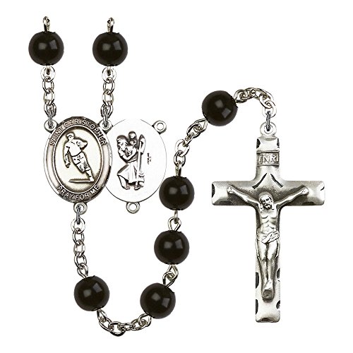 St. Christopher / Rugby Silver-Plated Rosary 7mm Black Onyx Beads Crucifix Size 1 3/4 x 1 medal charm