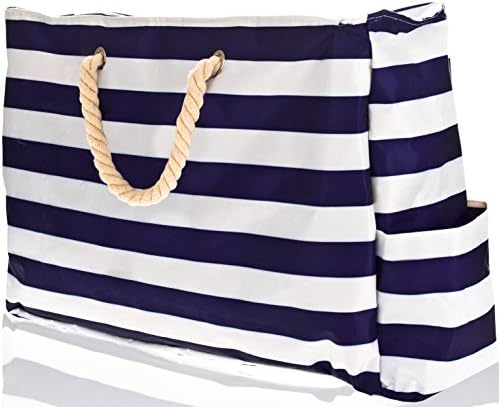 Beach Bag XL (HUGE). L22"xH15"xW6" w 100% Waterproof Phone Case, Top Zipper, Cotton Rope Handles, Extra Outside Pocket. Blue Stripes Beach Tote has Built-In Keyholder, Bottle Opener. Ripstop Oxford