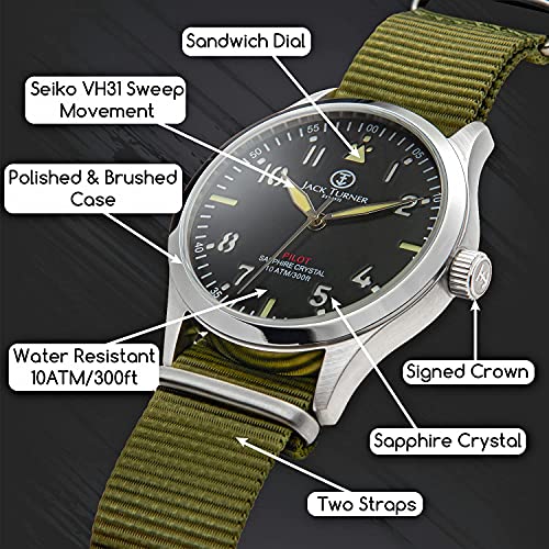 Jack Turner Watches Stainless Steel Men’s Pilot Field Flieger Watch
