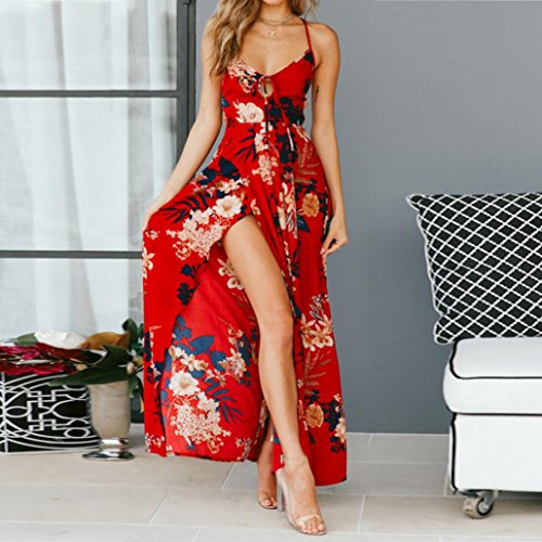 Nikuya Women Floral Print Cross Strap High Waist Split Casual Sleeveless Sling Dress (Red, S) - Thumbnail 4