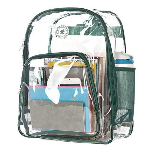 Heavy Duty Clear Backpack See Through Student Bookbag Stadium Security Transparent Workbag (Clear/Green Trim)