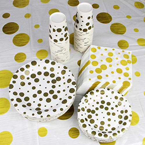 201 Piece Gold Dot/Polka Dot Party Supplies Set for 50, Including Plates, Cups, Napkins and Tablecloth