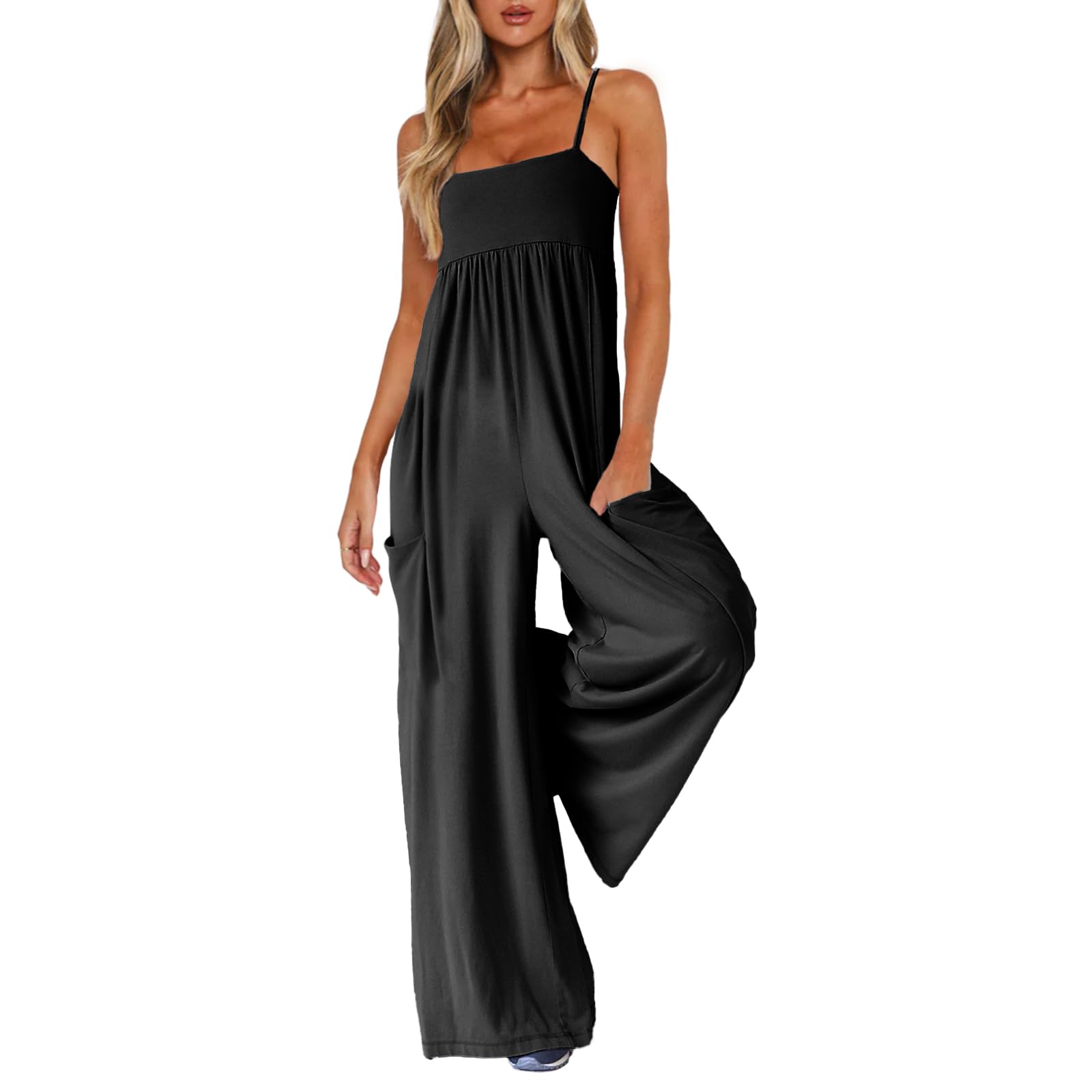 Photo 1 of UNIANKIYA Jumpsuits for Women Spaghetti Strap Wide Leg One Piece Overalls Summer Rompers with Pockets Beach Vacation Casual