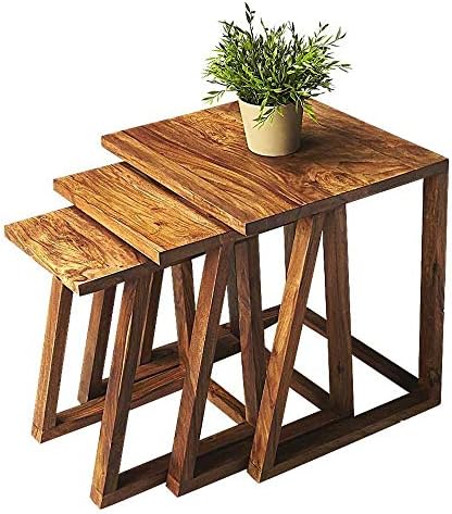 Unique Furniture Sheesham Wood Nesting Tables Set of 3 Stools (Natural Finish)