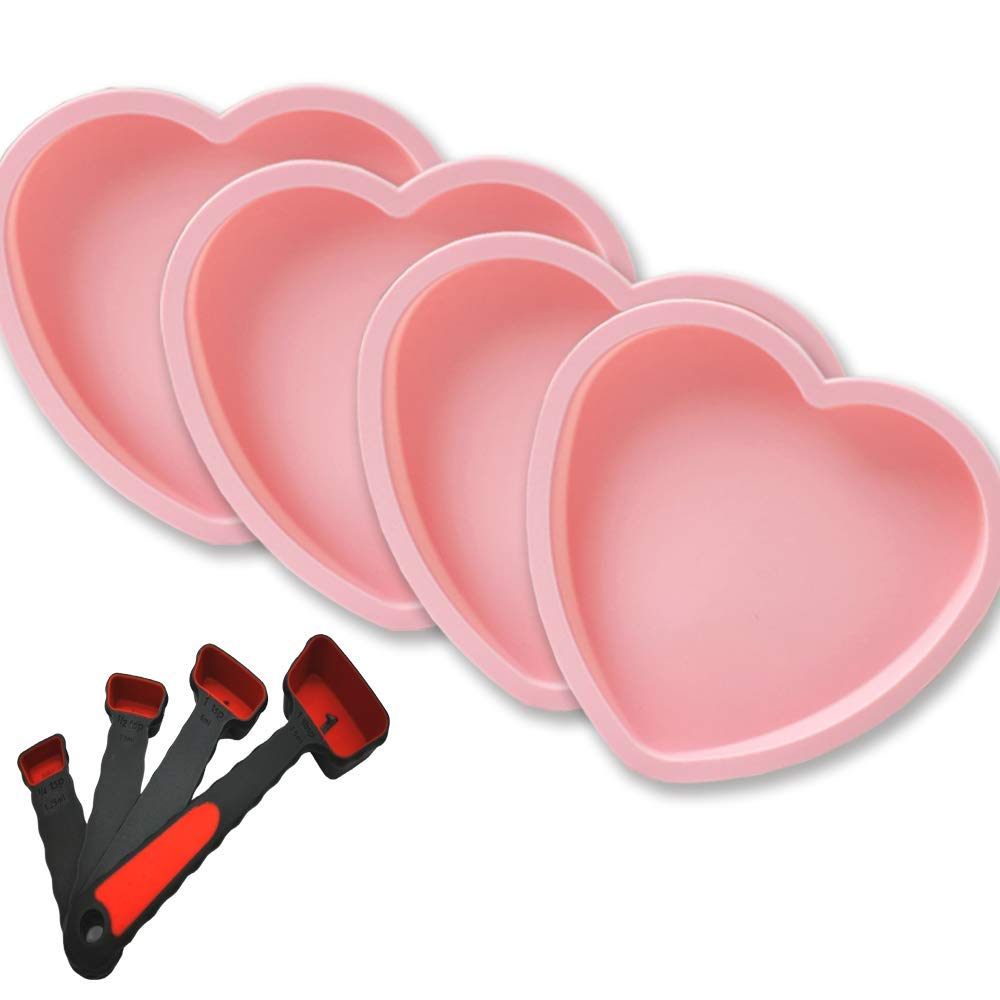 MURLNIY Silicone Heart Shaped Rainbow Cake Baking Pans, 4Pcs 6In Layer Pan Set, Flexible Non-Stick Silicone Molds+tray, Includes Measuring Cups set (pink)
