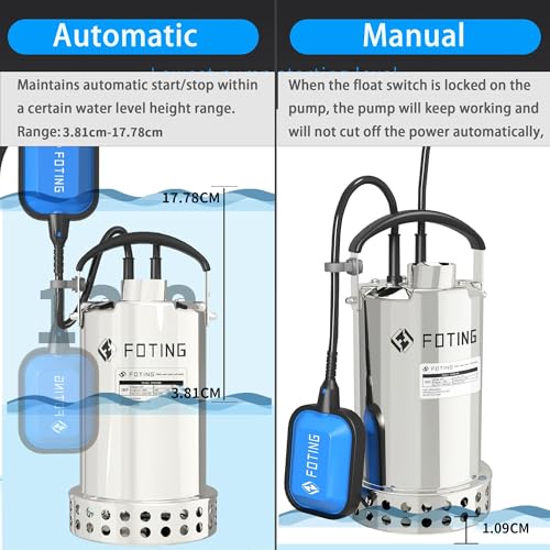 FOTING 900W Stainless Steel Submersible Water Pump with Float Switch, 13000 L/H Electric Sump Pump for Dirty/Clean Water, Portable Water Pump Drainage Pump for Garden Pond, Pools, Hot Tub, Ditches