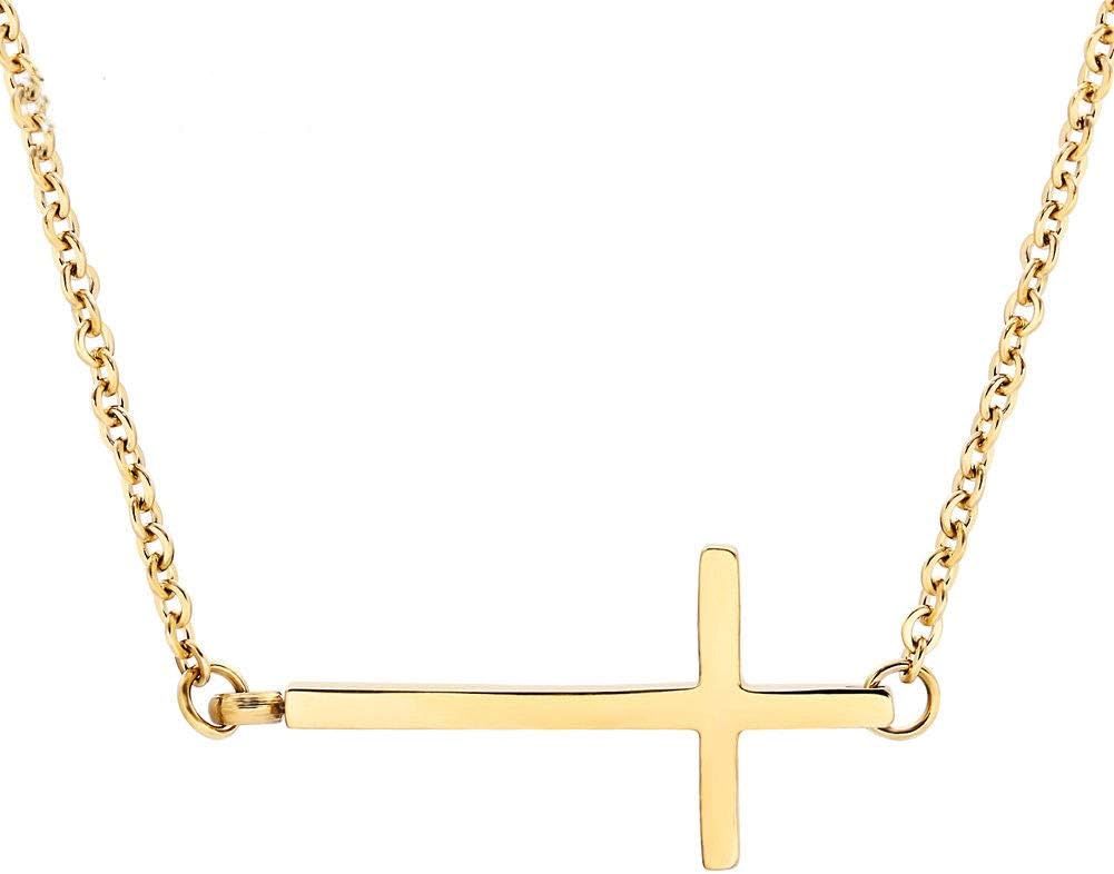 Sideways Cross Necklace 18k Gold Plated Stainless Steel Simple Small Cross Pendant From Ghome Offer Silver or Gold Color 18 Inches for Women Girls with Gift Box