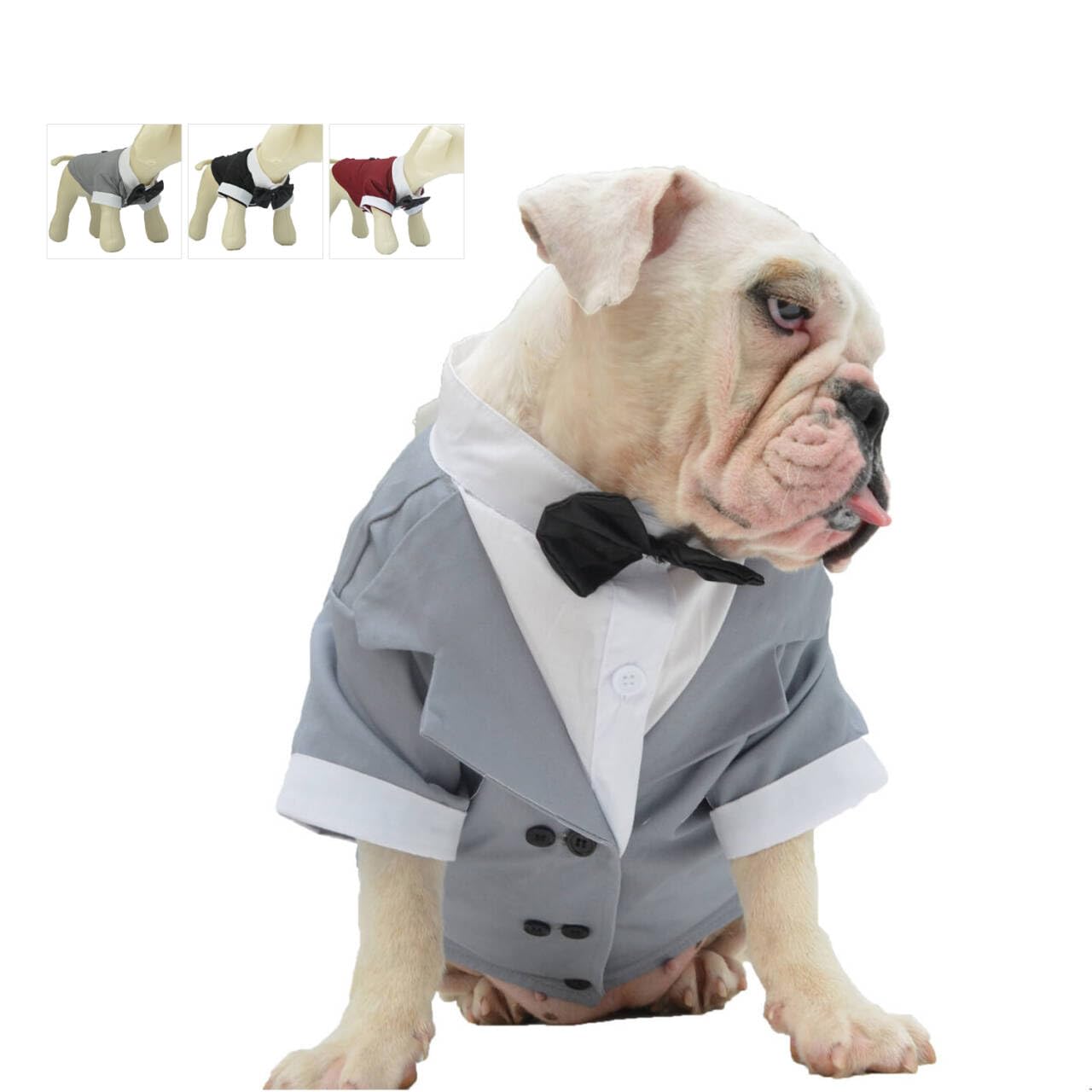 Lovelonglong Bulldog Costume Dog Suit - Formal Tuxedo With Black Bow Tie Wedding Clothes for Pugs/French/English/American Pit Bull - Gray B-S