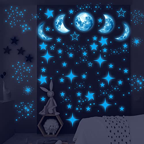 Glow In The Dark Star Stickers 100Pcs Stars For Ceiling,3D Glowing Stars With Moon,Adhesive Glowing Stars For Ceiling,Wall Decorations,Room Decor,Birthday Gift