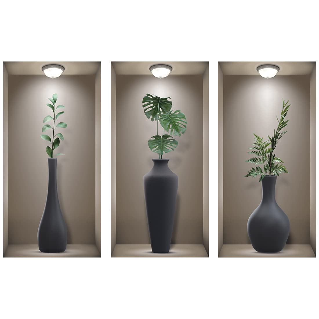 TOARTi 3D Wall Stickers Living Room, Art Stickers, Realistic Window View Scenery Sticker, Vase Decal, Plant for Bedrooms Bathroom Kitchen Decor(Set of 3,8''X16''), Green & Black