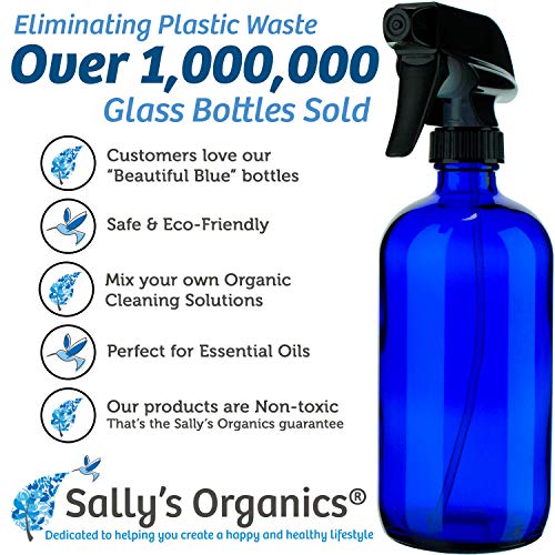 Empty Blue Glass Spray Bottles (2 Pack) - BPA Free, Lead Free - Large 16 oz Refillable Bottle for Plants, Pets, Essential Oils, Cleaning Products - Black Trigger Sprayer w/Mist and Stream Settings
