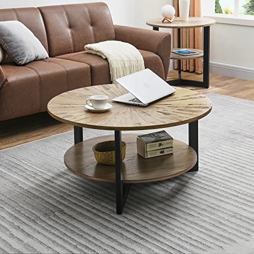 MCPRST Round Farmhouse Coffee Table for Living Room, Wood Round Coffee