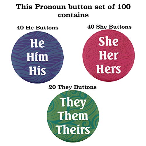Buttonsmith Pronoun Set 1.25" Button - Pack of 100 - Union Printed and Union Made - Made in the USA