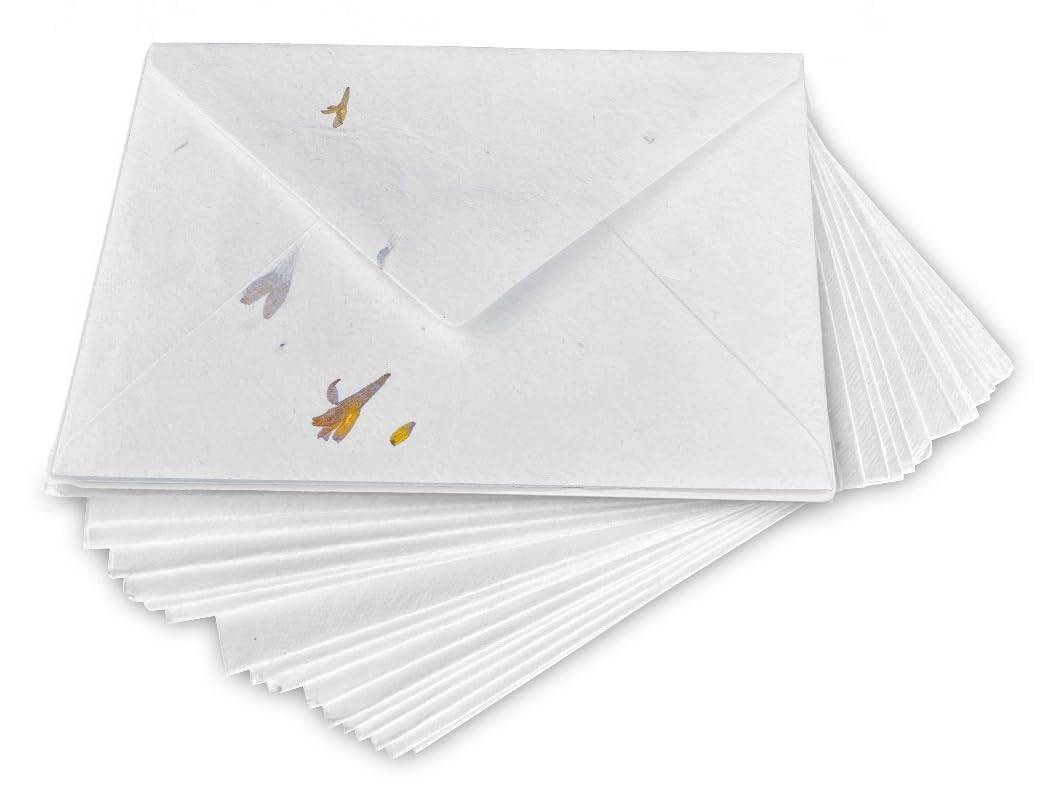 Wanderings Handmade White Envelopes with Real Flower Petals - 4.25 x 6.25 (11 x 16 cm) Package of 25 - for Announcements Wedding Invitations Greeting Cards Crafts - Thick 150 GSM