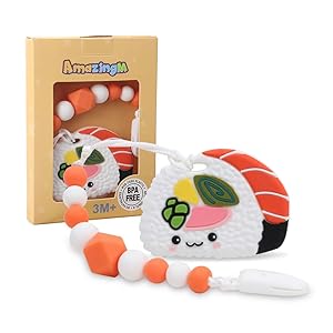 AmazingM Baby Sushi Teething Toys,Food Grade Silicone Teether Toy with Pacifier Clip Holder,BPA Free,Freezer Safe,Teething Egg for Infants and Toddlers