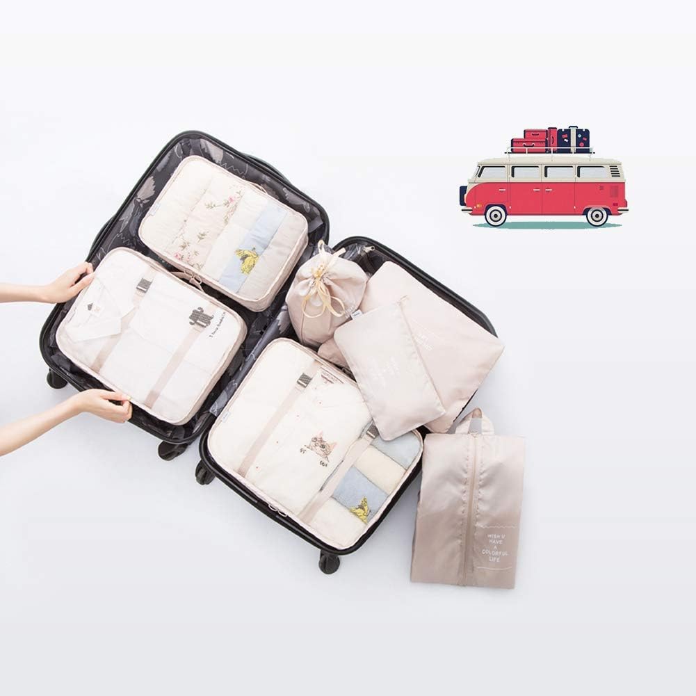 Packing Cubes Travel Sets 7Pcs Portable Cube Organizer Underwear Laundry Shoe & Toiletry Storage Bag(Beige) - Image 4