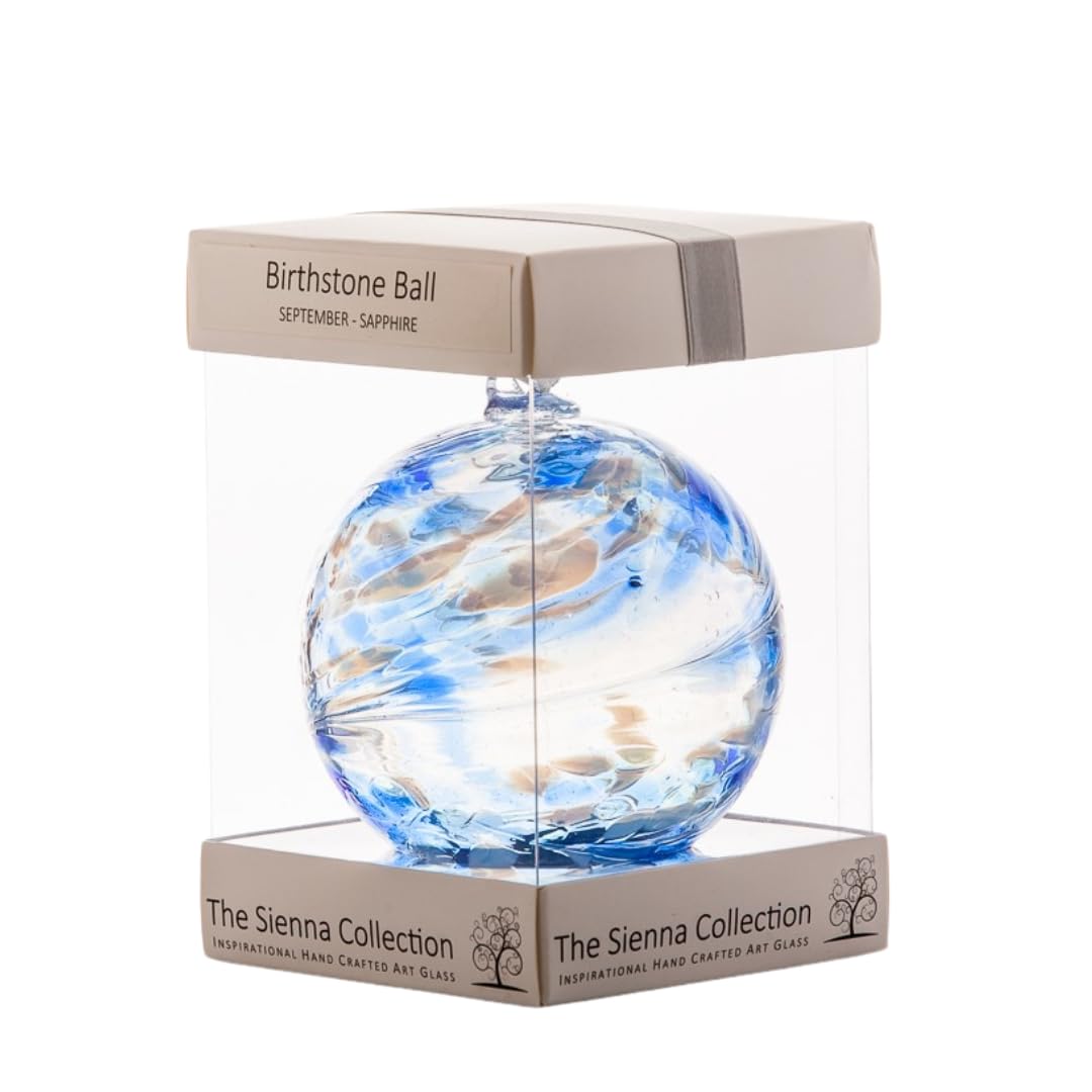 Sienna Glass 10cm September Birthstone Friendship Ball – Handcrafted Mouth-Blown Sapphire-Coloured Glass Ornament – Gift-Boxed Decoration with Hanging Ribbon and Tag – Symbolic Keepsake for Birthdays