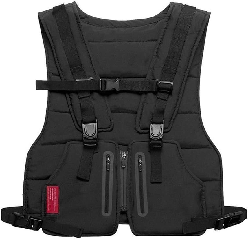 OLLVU Reflective stripes New Streetwear Tactical Vest for Men Hip Hop Street Style Chest Rig Phone Bag Fashion Reflective Strip CargoWaistcoat with Pockets (Color : Black)