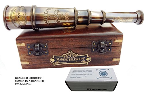 US HANDICRAFTS DOLLOND London 1920 Marine Collectible DÃ©cor Nautical Spyglass Antique Mounted Solid Brass 15 Inch Pirate Telescope with Wooden Box.