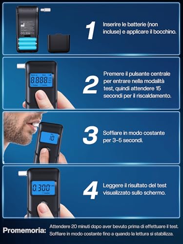 Alcohol Test Portable Breathalyser Certificate: High Precision Alcohol Test with Rapid Sensor and 10 Mouthpieces – Digital Breathalyzer with Blue LCD Display Reusable for Personal and Family Use