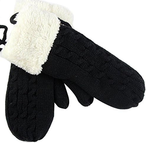 HN Knit Wool Women Girl Winter Gloves Warm Wool Mittens hanging Plush wool Mitten Gloves (Black)