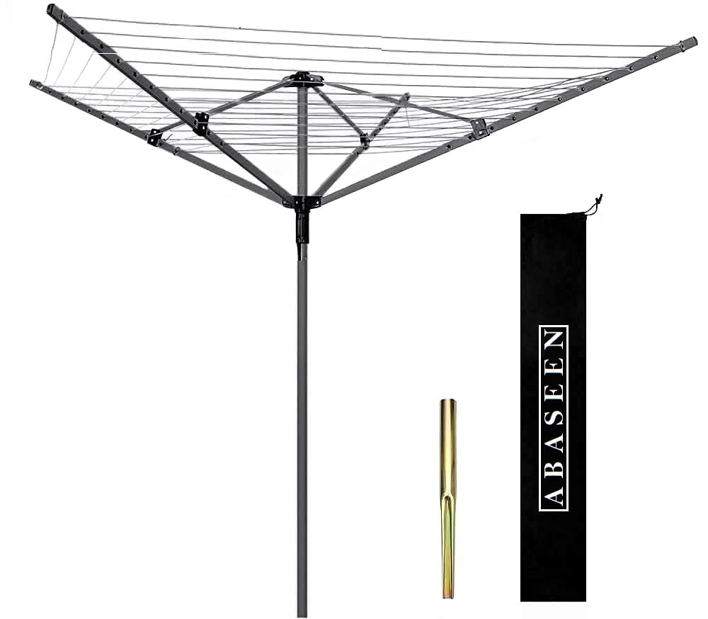 Abaseen 50M Clothes Airer Rotary Washing Line Outdoor Indoor | 4 Arm Rotary Line | Rotay Airer Clothes Line for Outside | Folding Garden Washing Lines | Cover & Ground Spike for Rotary Washing Line